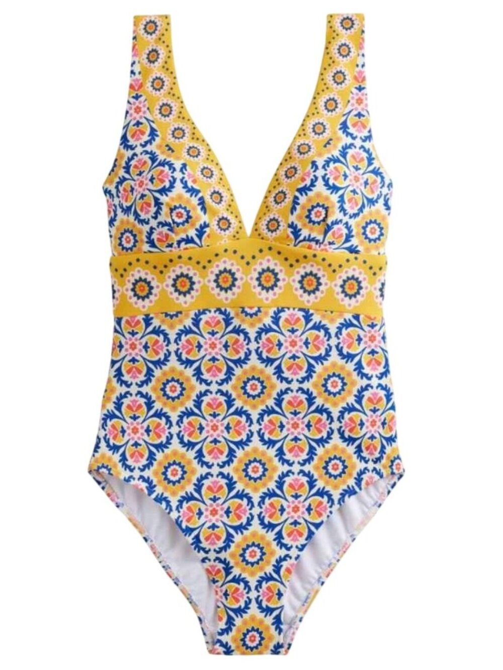 Boden Porto Yellow & Blue Print V-neck 1 Piece Swimsuit Size 12 New